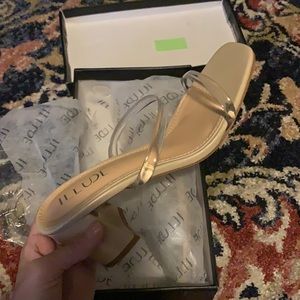 Clear strap, nude block heels